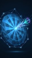Digital dartboard with glowing neon lines and geometric network connections on dark blue background for technology and gaming concepts.
