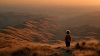 Hiker silhouette standing on mountain ridge during golden hour sunset with rolling hills and warm orange light creating dramatic landscape scenery.