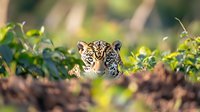 Jaguar head peeking through green foliage in natural habitat, fierce predator with spotted fur pattern observing prey from hiding spot in jungle environment.