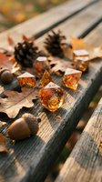 Amber polyhedral dice arranged on weathered wooden surface with autumn leaves and spiky seed pods, ideal for tabletop gaming and fall-themed designs.