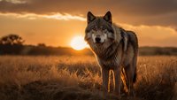 Gray wolf standing in golden prairie grass at sunset with dramatic orange sky and sun on horizon.