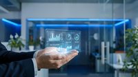 Young male professional in business attire holding glowing digital analytics dashboard with charts and graphs, representing data visualization, financial growth, and technology solutions for corporate environments.