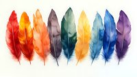 Colorful watercolor feathers arranged in rainbow spectrum order on white background, soft and delicate artistic illustration for decoration and design projects.