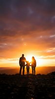 Family silhouettes holding hands watching dramatic sunset from mountain peak with golden orange sky and clouds creating peaceful moment together.