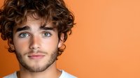 Young Caucasian male model with curly brown hair, blue eyes and light stubble smiling confidently against orange background, looking at camera. Professional headshot portrait.