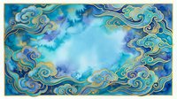 Ornate golden cloud swirls frame ethereal blue sky background with mystical atmosphere for spiritual meditation and fantasy design projects.