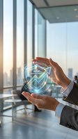 Businessman hands protecting holographic risk management shield with upward arrow in modern office environment for financial security and business protection.