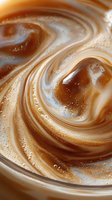 Swirling cream and coffee create mesmerizing patterns in latte art, with rich caramel tones and delicate foam texture forming abstract spiral designs.