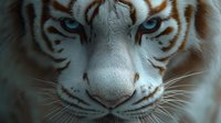Close up portrait of white tiger face with intense blue eyes and detailed fur texture showing majestic feline features in dramatic lighting and moody atmosphere.