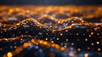Abstract network visualization with glowing orange and blue nodes connected by illuminated lines creating a futuristic landscape of digital connections and data flow.