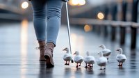Young woman in jeans and boots walking along waterfront pier followed by line of white ducks creating whimsical outdoor scene with bokeh lights at dusk.