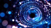 Glowing blue spiral tunnel with sparkling particles and bokeh lights creates futuristic vortex effect against dark background, suggesting technology and innovation.