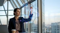 Professional businesswoman interacting with futuristic holographic interface in modern office building for technology and innovation concepts.