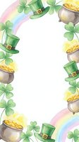 Watercolor St Patrick's Day frame with leprechaun hats, gold pots, four-leaf clovers and rainbow border on white background for festive greeting cards.