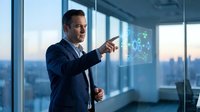 Professional businessman interacting with holographic interface in modern office overlooking city skyline at dusk for business technology presentations.