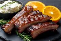 Grilled pork ribs glazed with sweet barbecue sauce served on black slate with fresh orange slices, rosemary sprigs and creamy dipping sauce.