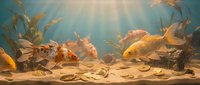 Underwater marine ecosystem with colorful fish swimming among coral reefs and aquatic plants in tropical ocean habitat with sunlight filtering through water.