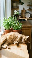 Orange tabby cat relaxing on wooden table near potted herbs and kitchen window, domestic pet in rustic home interior with natural light and organized shelving.