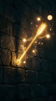 Glowing golden arrow with sparkling particles emerging from ancient stone wall in dark atmospheric setting for fantasy gaming and mystical storytelling.