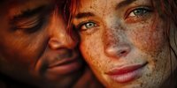 Close-up portrait of young Caucasian woman with freckles and blue eyes in warm golden light, with silhouette of person beside her creating intimate atmosphere.