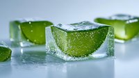 Fresh lime wedges frozen in clear ice cubes with water drops on light surface, close up view. Creative cocktail garnish for summer drinks and beverages.