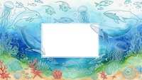 Underwater ocean scene with marine life frame featuring whales, jellyfish, fish and coral reef elements for aquatic themed designs and educational materials.