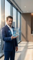 Professional businessman in navy suit holding holographic justice scales with digital icons in modern office environment for legal technology concepts.