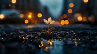 Young sprout growing from soil at night with glowing bokeh lights creating magical atmosphere, hope and growth concept for environmental projects.