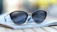 Elegant cat-eye sunglasses with rose gold metal frame and dark lenses resting on light blue fabric surface against soft blurred background.