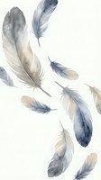 Watercolor feathers in soft blue and beige tones floating on light background, delicate plumage elements for bohemian decor and artistic projects.