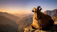 Wild mountain goat with curved horns resting on rocky cliff during golden hour sunrise with dramatic mountain landscape and misty valleys in background.