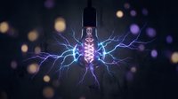 Electric lightbulb with glowing filament surrounded by lightning bolts on dark background with bokeh lights for energy and innovation concepts.
