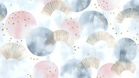 Watercolor circles in soft pink and gray tones with gold line art fan shapes and scattered dots on white background, seamless pattern tiles for wallpaper, fabric, and textile design projects.