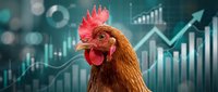 Close-up of a brown rooster with red comb against financial charts and upward trending arrows, symbolizing growth, success, and market performance for business concepts.