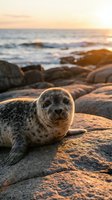Adorable seal pup resting on rocky coastline during golden hour sunset with ocean waves and warm lighting creating peaceful marine wildlife scene.