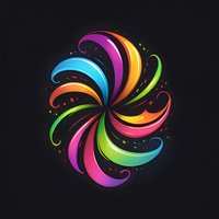 Vibrant swirling rainbow spiral pattern with colorful curved elements and dots on black background, creating dynamic motion effect for modern graphic design projects.