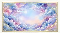 Watercolor dreamy sky with soft purple and pink clouds framed by golden ornate border, pastel celestial background for cards and decor.