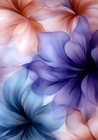 Soft pastel floral abstract with overlapping translucent petals in coral pink, purple and blue creating dreamy ethereal mood. Macro photography style background pattern.