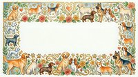 Decorative border frame with cute dogs and puppies of different breeds, flowers, hearts and paw prints on white background. Pet-themed design element for cards.
