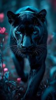 Black panther with piercing blue eyes in mystical forest with pink flowers and dramatic blue lighting for fantasy wildlife art and digital design projects.