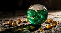 Green magical crystal ball with swirling energy surrounded by amber glass beads on rustic wooden surface for fortune telling and mystical practices.