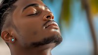 Young African American man with closed eyes and peaceful expression against blurred tropical background with palm trees and blue sky. Wellness concept.