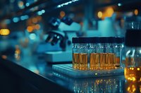 Whiskey tasting glasses filled with amber liquid on bar counter in upscale establishment with warm bokeh lighting creating luxurious atmosphere.