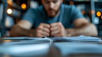 Caucasian man with beard reading book in cafe with bokeh lights, focus on open pages in foreground creating depth of field effect.