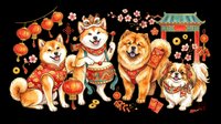 Cute dogs wearing red traditional outfits celebrating lunar new year with lanterns, fireworks, and festive decorations. Isolated on transparent background, ready for t-shirts, stickers, clipart, and print-on-demand designs.