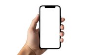 Hand holding modern smartphone with blank white screen isolated on white background for app presentation and mockup design.