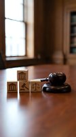 Wooden gavel and legal symbol blocks on courtroom table representing justice system and law enforcement in professional legal environment.