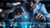 Professional scientist in lab coat manipulating glowing blue digital particles and holographic data visualization on dark background with bokeh effect.