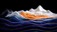 Abstract flowing waves in blue and orange colors creating dynamic landscape with smooth curves and gradients on black background for modern design projects.