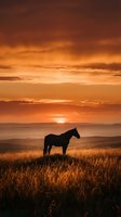 Horse silhouette standing in golden grassland during dramatic sunset with orange sky and rolling hills in background for nature and wildlife concepts.